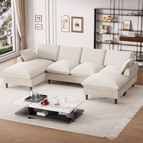 U-Shaped Sectional Sofa Couch, 112" Comfy Deep Seat Cloud Couch with Convertible Ottoman & Chaise, Modern Oversized Modular 5 Seat Sleeper Sofa Set for Living Room Office, Beige White Chenille
