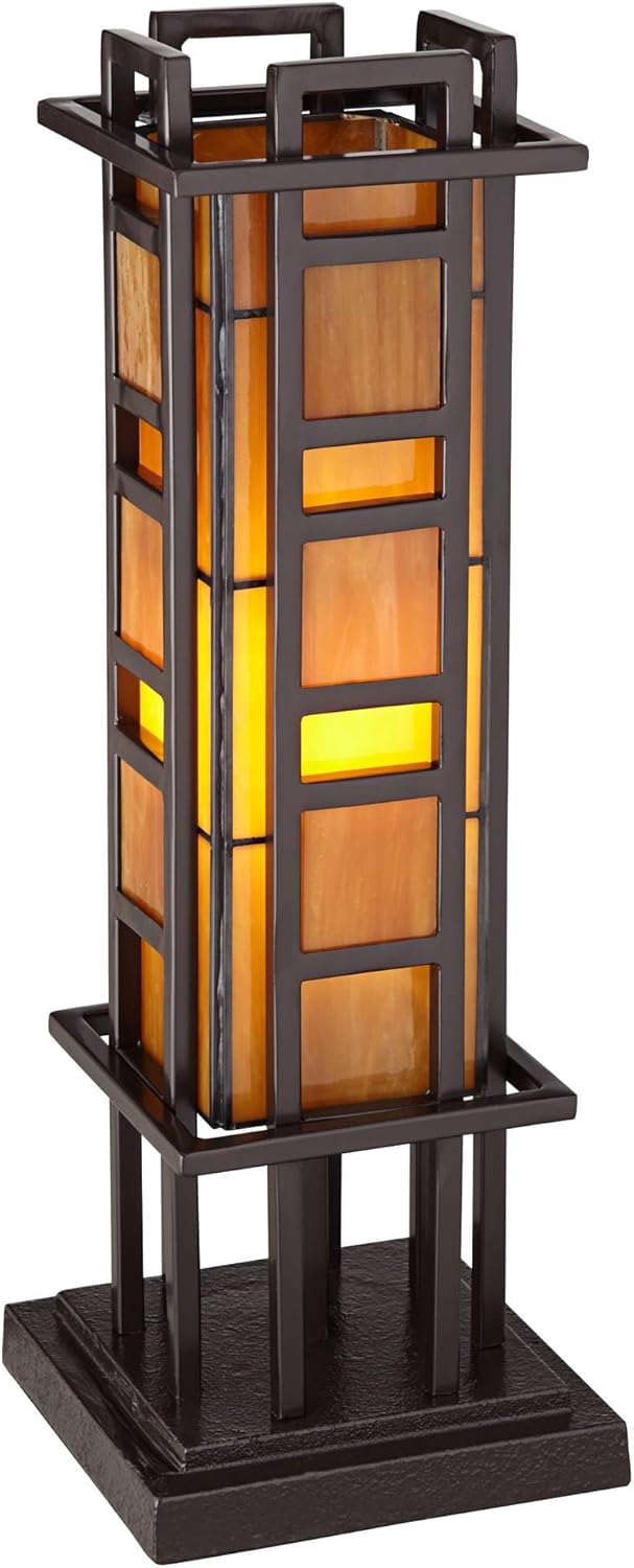 Robert Louis Tiffany Prairie Style Mission Rustic Pillar Accent Table Lamp Bronze Iron Column Hand-Cut Amber Stained Art Glass for Living Room Bedroom House Bedside Nightstand Home Office Family