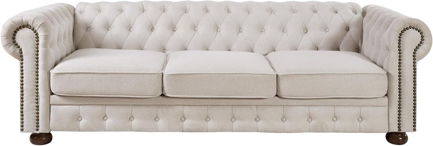 Chesterfield sofa beige linen fabric (Beige)