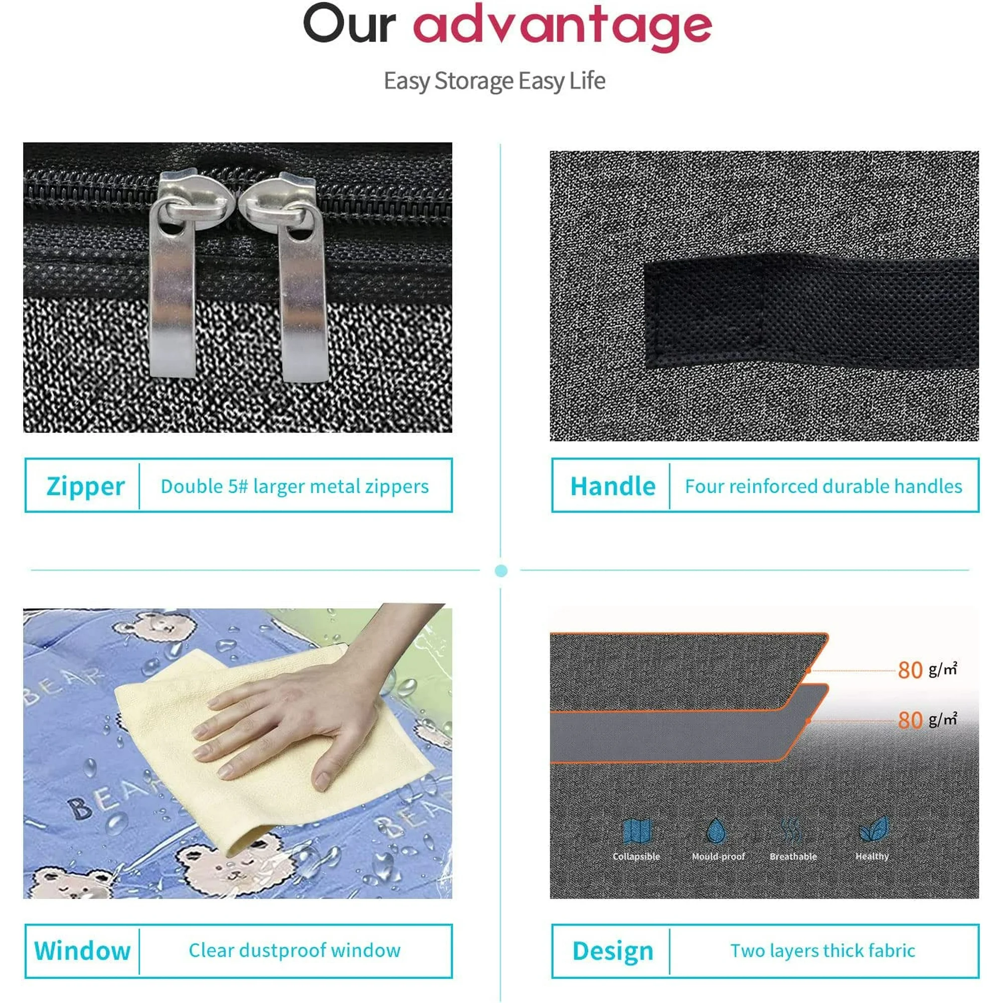 Foldable Underbed Bags - Blankets Clothes Comforters Storage Bag Breathable Zippered Organizer for Bedroom with Clear Window