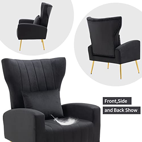 Living Room Chairs Set of 2 Modern Velvet Accent Chairs with Lumbar Pillow, High Back Armchair Arm Chairs with Gold Metal Legs for Bedroom, Green