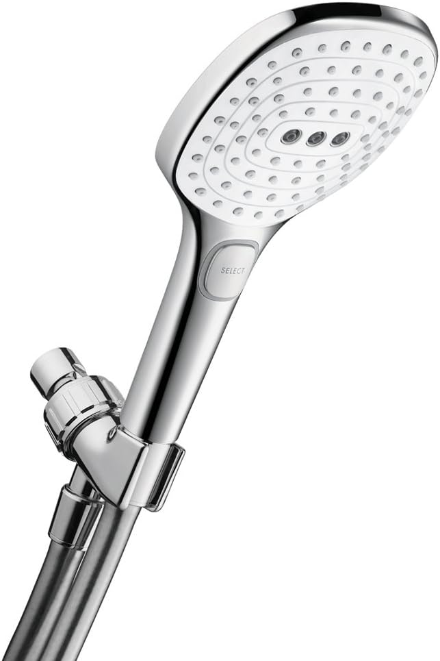 hansgrohe Raindance Select E Easy Install 5-inch Handheld Shower Head Set Modern 3 Spray RainAir, Rain, Whirl Air Infusion with Airpower with QuickClean with Hose in White/Chrome, 2 GPM, 04520400