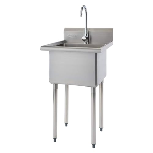 TRINITY THA-0307 Basics Stainless Steel Freestanding Single Bowl Utility Sink with Chrome Faucet, NSF Certified, for Garage, Laundry Room, and Kitchen, 21.5” x 24” x 49.2”, Silver