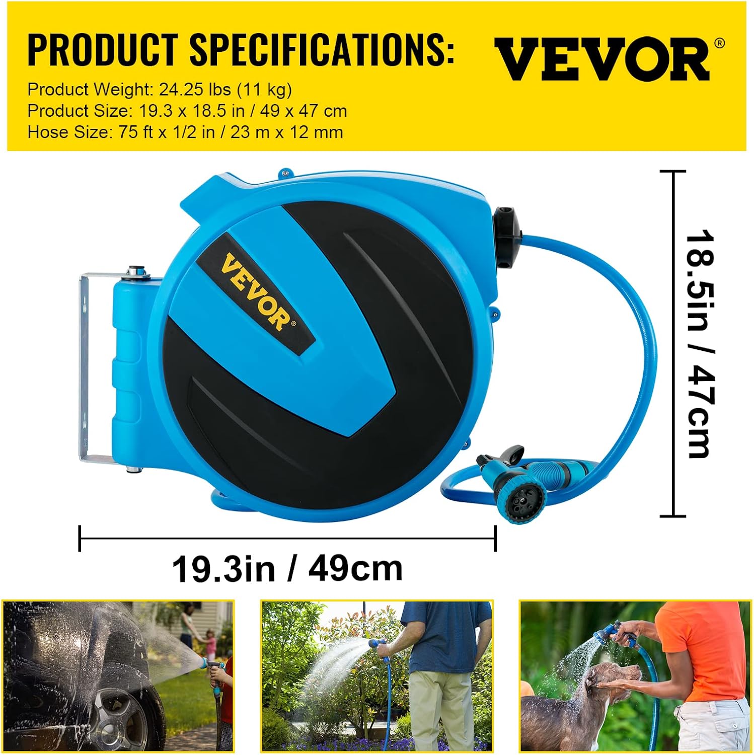 VEVOR Retractable Hose Reel, 1/2 inch x 75 ft, Any Length Lock & Automatic Rewind Water Hose, Wall Mounted Garden Hose Reel w/ 180° Swivel Bracket and 7 Pattern Hose Nozzle, Blue