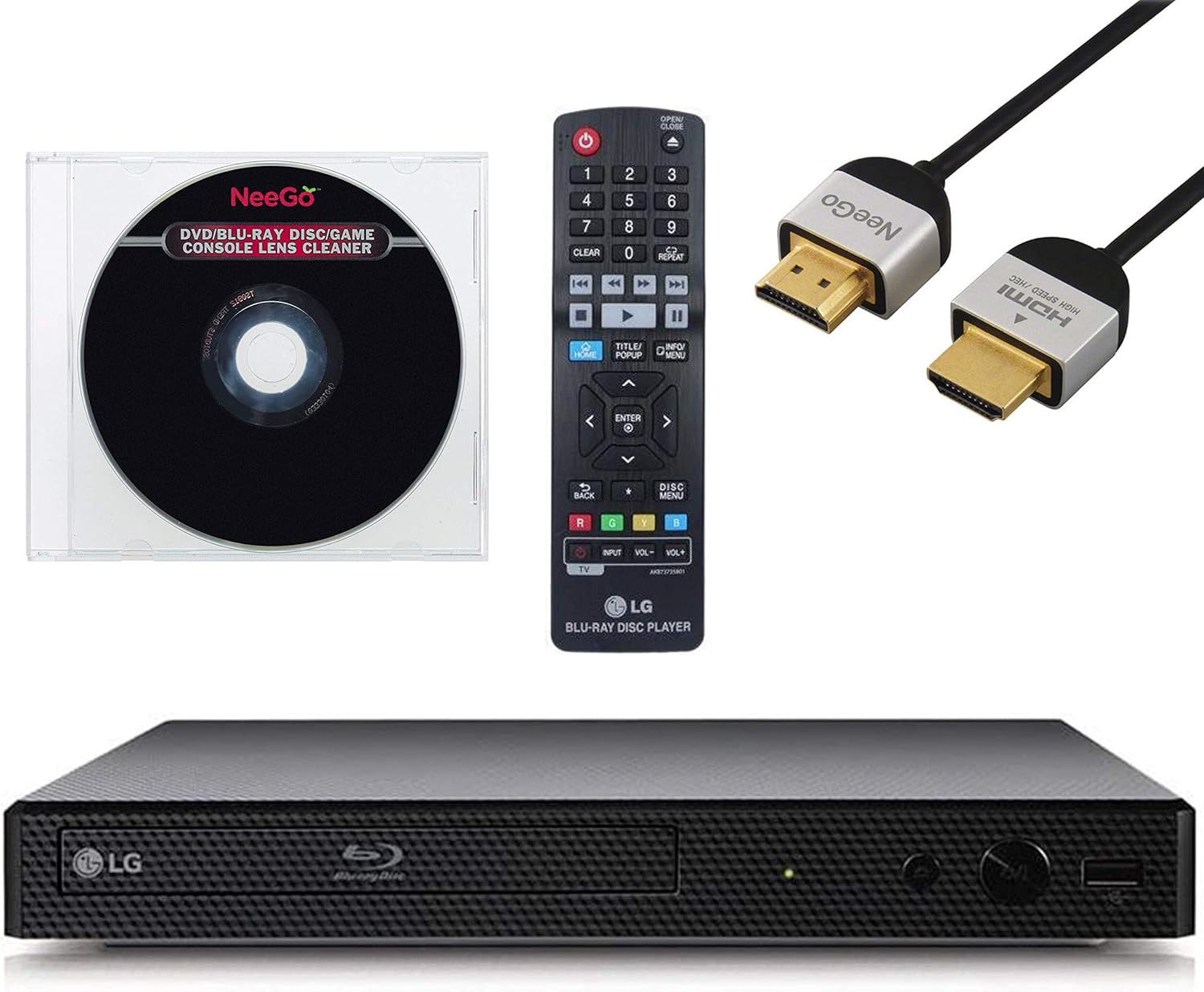 LG BP350 Blu-Ray Disc Player with Built-in Wi-Fi - Amazon, Netflix, YouTube + Remote Control + NeeGo High-Speed HDMI Cable W/Ethernet NeeGo Lens Cleaner