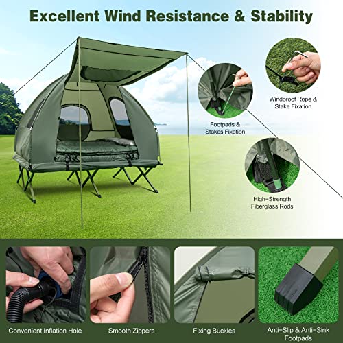 BANGTANE Tent Cot for Camping, All-in-1 Folding Tent Combo w/Air Mattress, 2 Sleeping Bags, Carry Bag & Foot Pump, Off Ground Travel Cot for Hiking, Backpacking, Fishing & Picnic