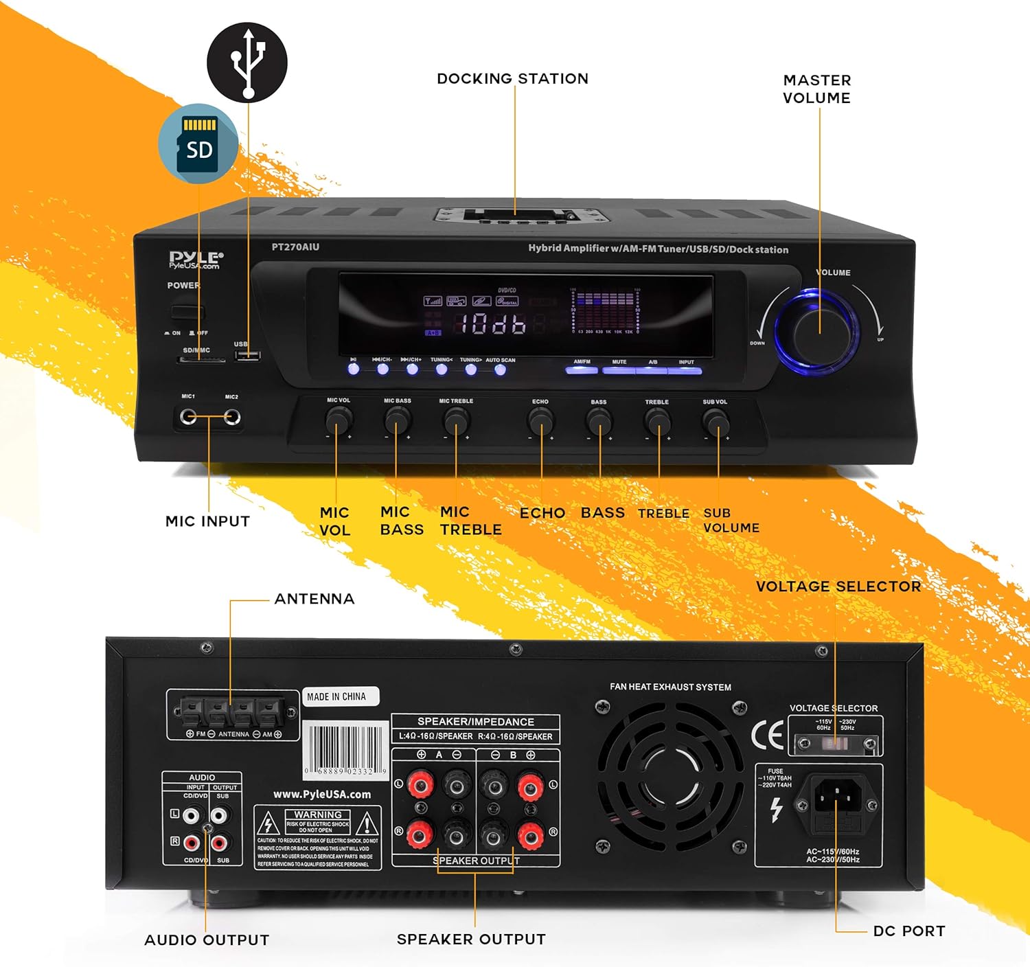 300W Digital Stereo Receiver System - AM/FM Qtz. Synthesized Tuner, USB/SD Card MP3 Player & Subwoofer Control, A/B Speaker, iPod/MP3 Input w/Karaoke, Cable & Remote Sensor - Pyle PT270AIU.5