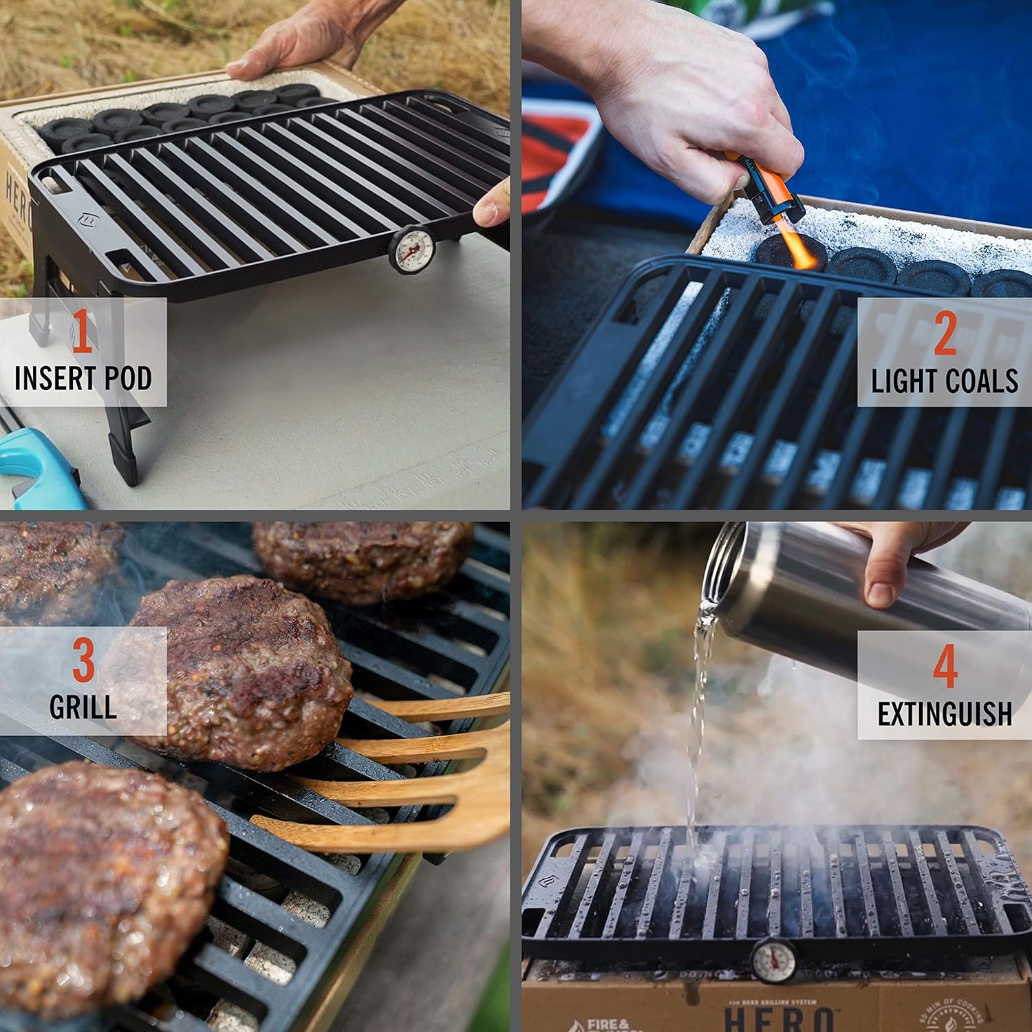 Fire & Flavor Hero System Ultra-Portable Easy Instant Light Charcoal Grilling for Tailgating, Beach RV, Park, Patio, Outdoors with Reusable Eco-Friendly Pod, Bamboo Cutting Board and Carry Case, Multi