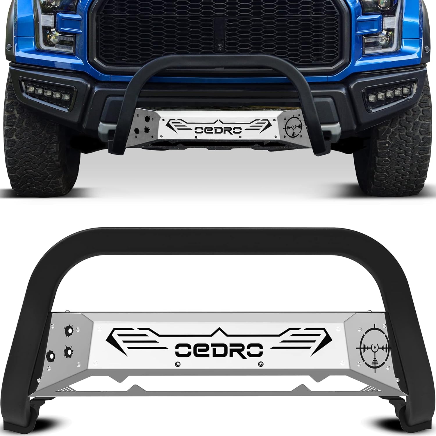 oEdRo Bull Bar Fits 2004-2022 Ford F150, Truck Brush Push Bumper Guard Grille w/ Chrome and Black Skid Plate Light Mount