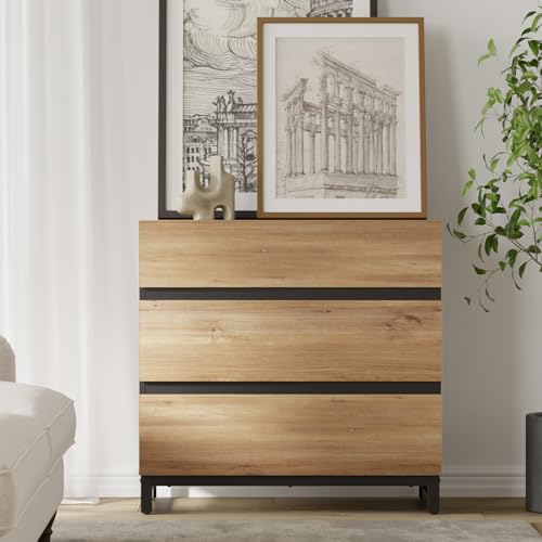 WAMPAT Modern Buffet Sideboards, Sideboard Buffet Cabinet with 3 Drawers and Metal Base, Coffee Bar Storage Cabinet for Kitchen, Buffet Cabinet for Living Room,Brown