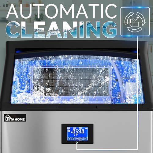 YITAHOME Commercial Ice Maker Machine Stainless Steel Ice Scoop, Blue Light, Freestanding Ice Machine for Home, Restaurants, Bars