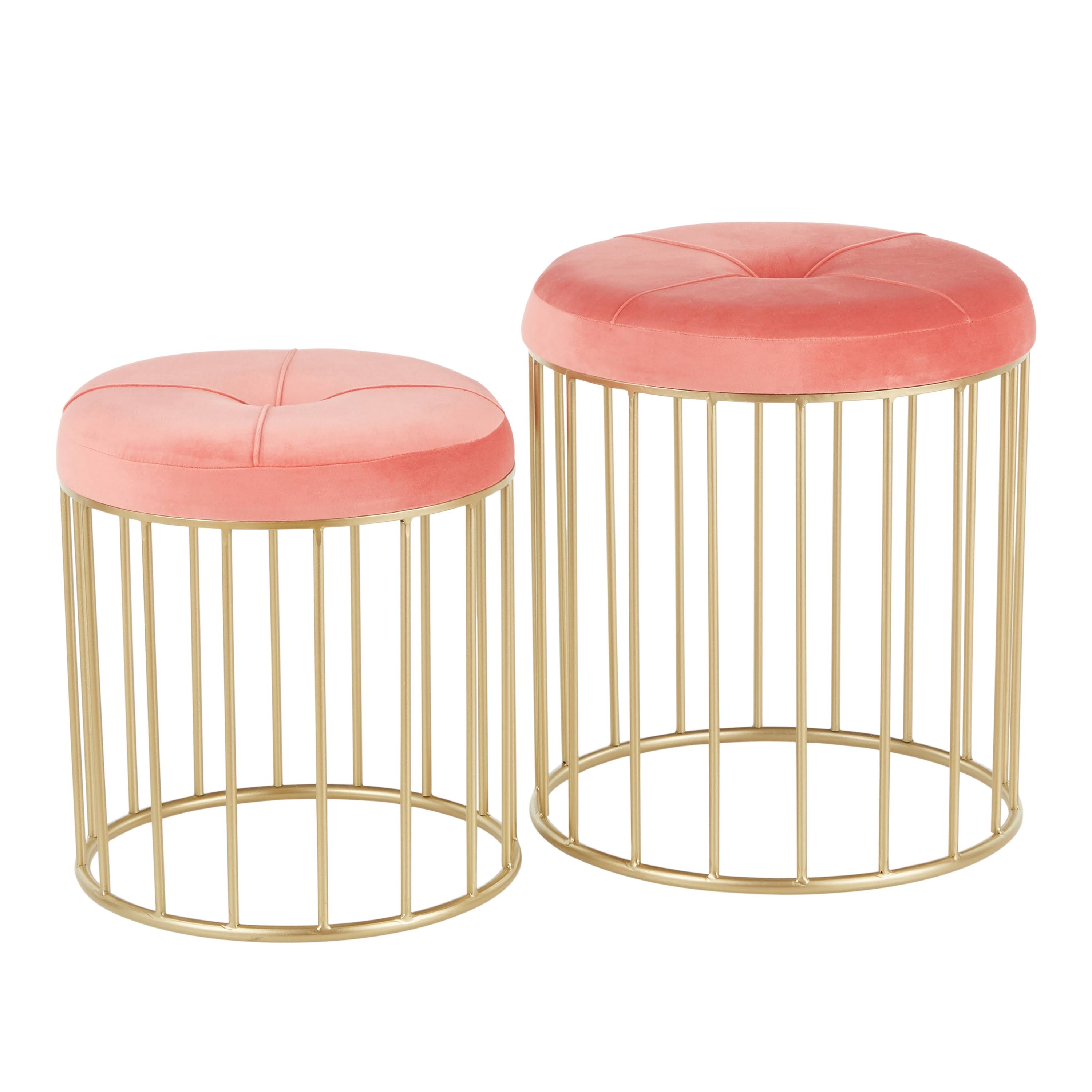 LumiSource Canary Nesting Ottoman Set - Gold Metal, Pink Velvet