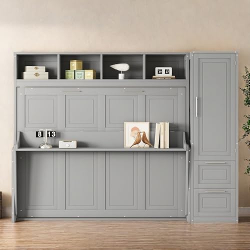 SOFTSEA Queen Size Horizontal Murphy Bed, Queen Murphy Bed with Desk Wardrobe Storage Shelf, Queen Hideaway Wall Bed with Drawers Space-Saving for Guest Room Bedroom or Office, Gray
