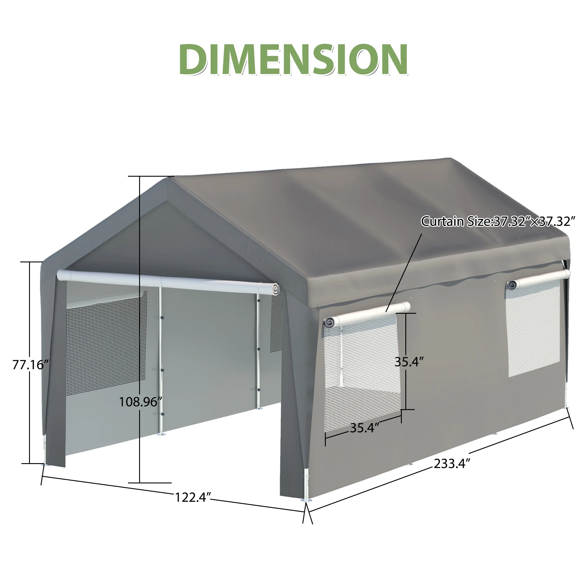 LZBEITEM 10 x 20 ft. Heavy Duty Steel Outdoor Carport Storage Boat Shed Canopy Garage Car Shelter Portable Party Tent Adjustable Height with Window Sidewalls and Doors, Gray