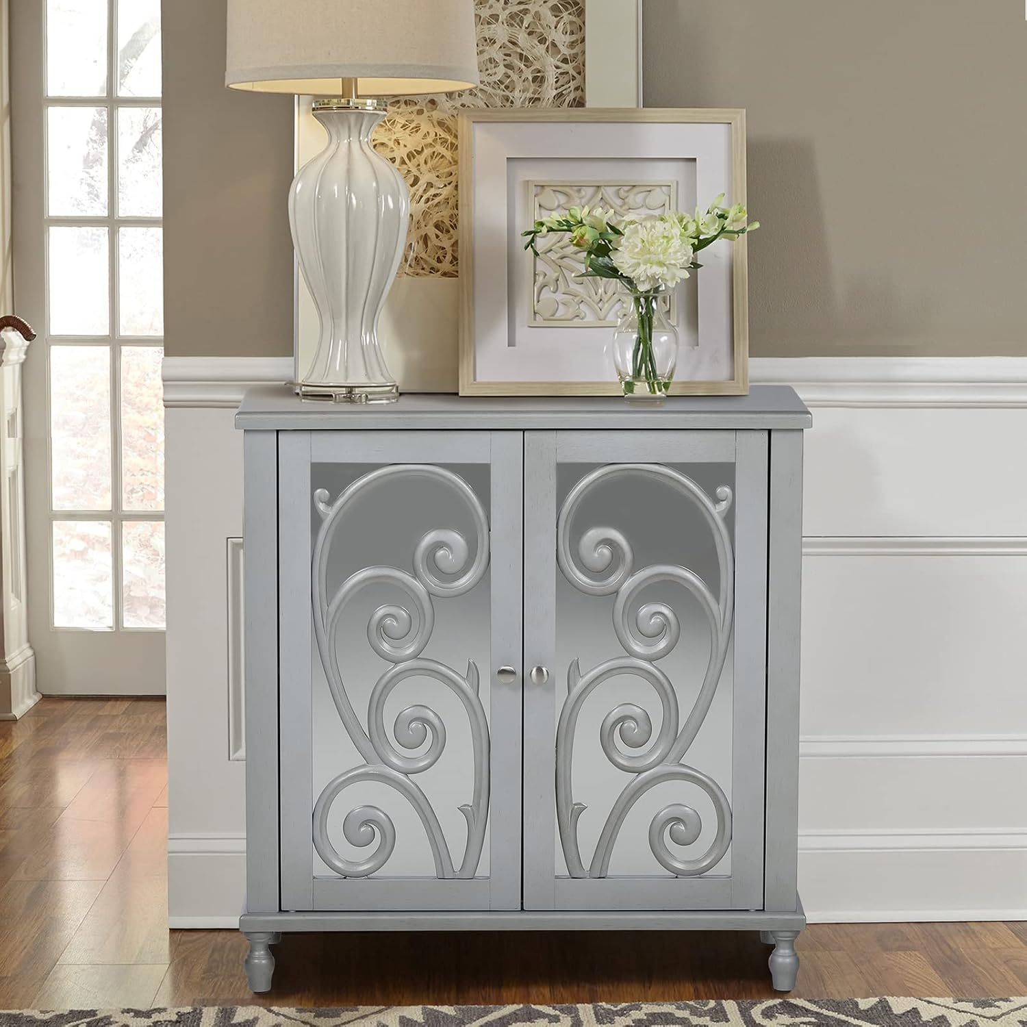 MAISON ARTS White Accent Storage Cabinet with 2 Doors for Living Room Bedroom Buffet & Sideboard Decorative Distressed Cabinet Farmhouse Kitchen China Cabinet with Carved Pattern Doors, Carved Floral