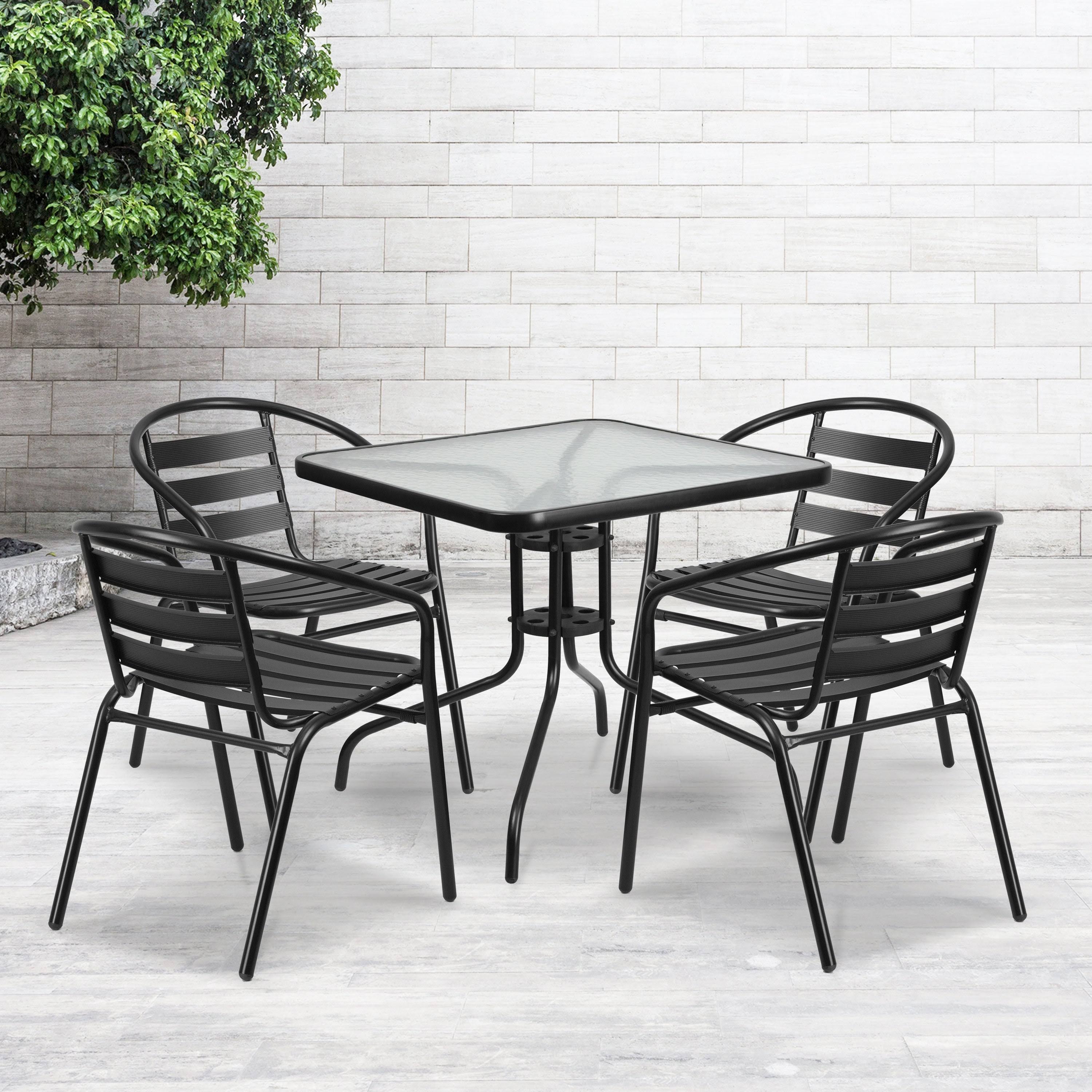 Lancaster Home 31.5-inch Square Glass Metal Table with 4 Metal Aluminum Slat Stack Chairs, Black