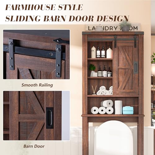 Farmhouse Over The Toilet Storage Cabinet, 68" Tall Bathroom Storage Cabinet with Sliding Barn Door & Adjustable Shelves, Above Toilet Storage for Bathroom, Laundry Room, Rustic Oak & White