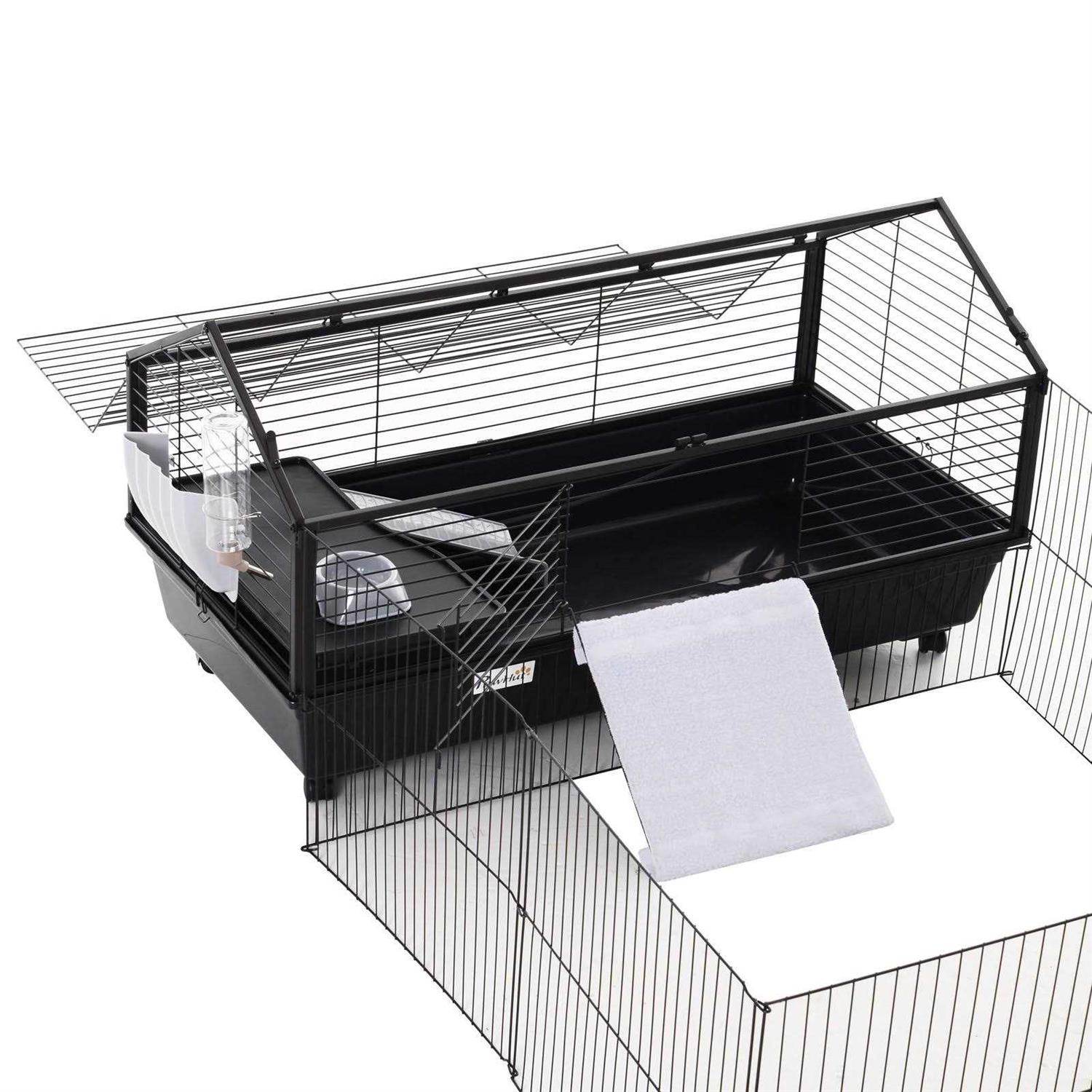 PawHut Rolling Metal Rabbit Guinea Pig or Small Animal Hutch Cage with Main House and Run - Pet Supplies online store