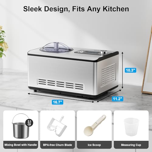 Ice Cream Maker with Upgraded Compressor, [40% Faster Freezing], No Pre-Freezing Needed, LED Display, 2.1 Qt Capacity, Easy Operation for Ice Cream & Yogurt, Stainless Steel