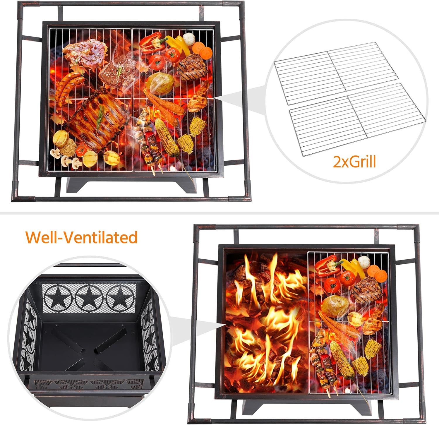 Yaheetech Fire Pit 32in Fire Pits for Outside Outdoor Fireplace Large Square Wood Burning Fire Pit Heavy Duty for Patio BBQ Camping Bonfire with Spark Screen, Mesh Cover, Poker