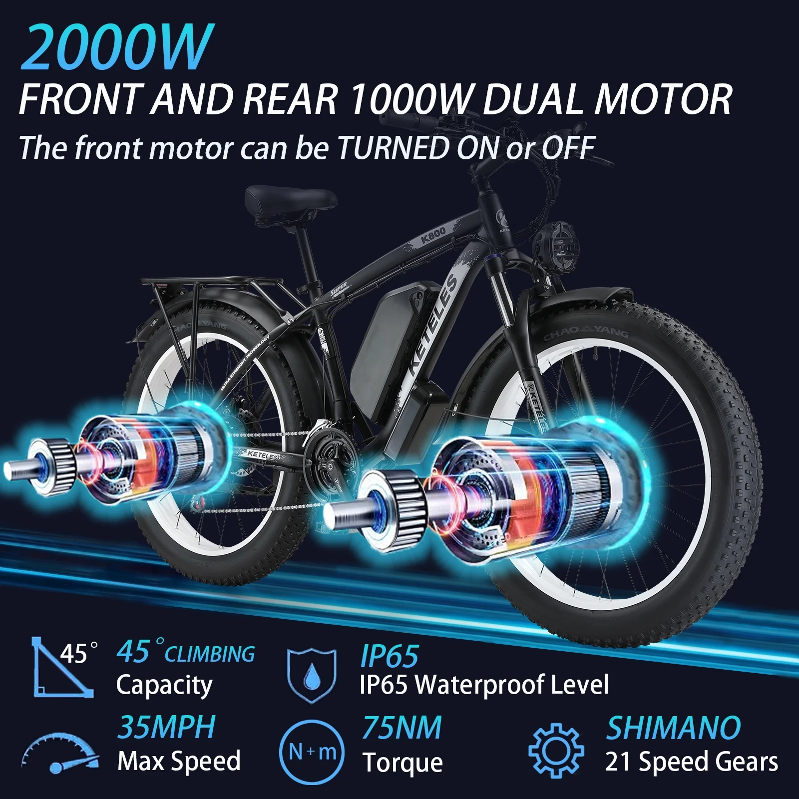 Fat Tire Electric Bike for Adults,48V 23Ah Removable Battery Electric Mountain Bikes Dual Motor AWD 2000W 35MPH Adult Electric Bicycles Shimano 21 Speed with Hydraulic Disc Brakes