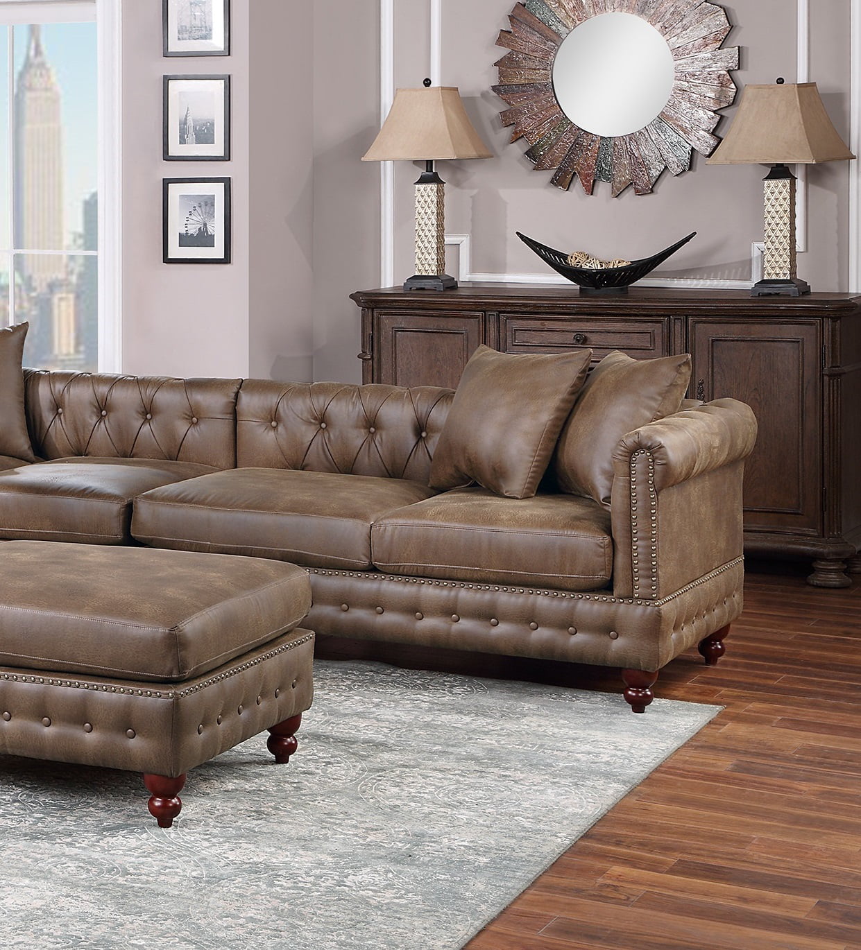 Dark Coffee Breathable Leatherette Solidwood Sectional 4pc Set Reversible Chaise Ottoman Tufted Couch Pillows Living Room