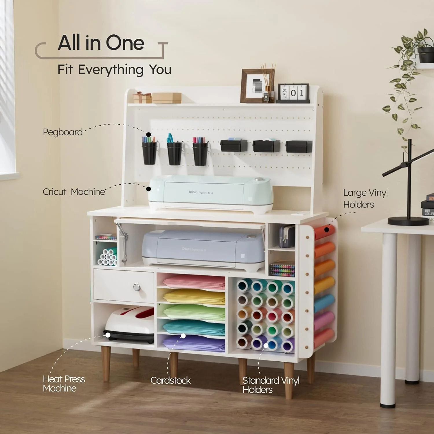 Organization and Storage Cabinet Compatible with Cricut Machines, Craft Cabinet Table Crafting Desk Organizer with Charging Station, Pegboard, Vinyl Roll Holders, Large Craft Room Furniture