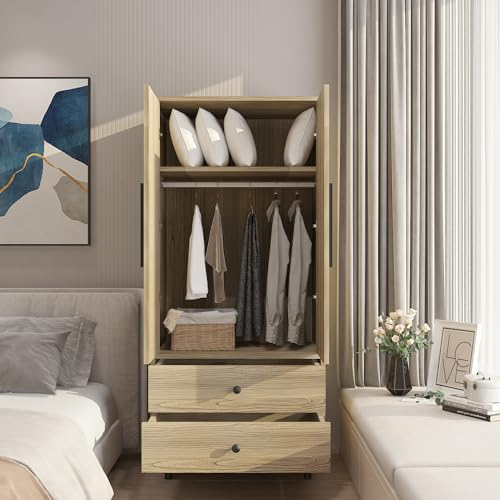4 Door Armoire Wardrobe Closet Cabinet with 2 Drawers, Wood Bedroom Wardrobe Cabinet with Adjustable Shelves and Hanging Rod, Large Capacity Storage Wardrobe Armoire for Bedroom (Oak 3)