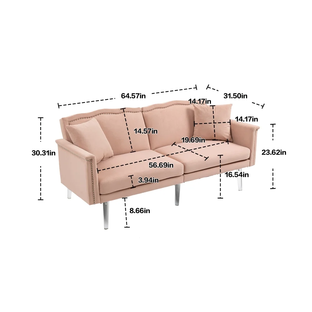Velvet Couch, 3-Seater Loveseat Couches for Living Room, Mid Century Modern Tufted Sofa for Small Space, Bedroom, Apartment, Home Office,Pink