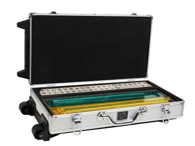White Swan mAh Jongg - Ivory Tiles - Modern Pusher Arms - Wheeled Aluminum Case - Silver