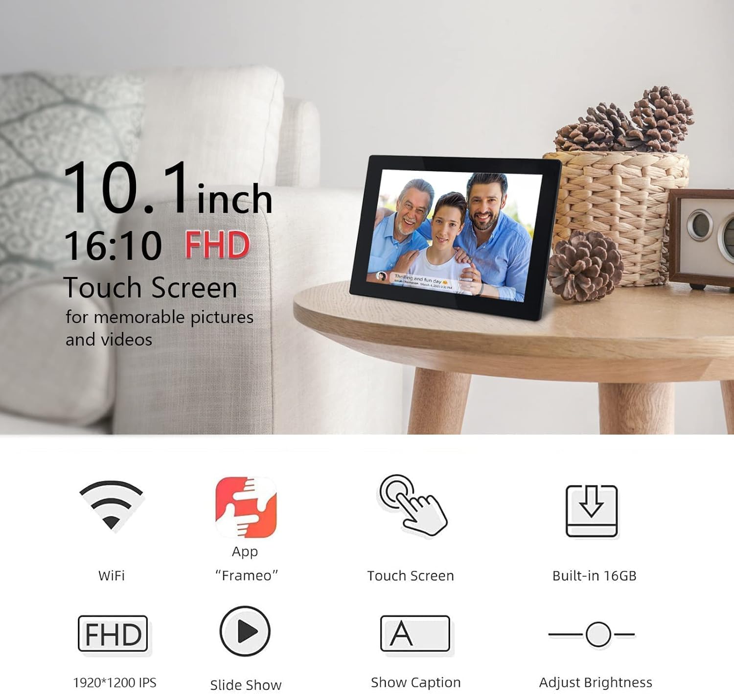 FRAMEO Smart Digital Photo Frame WiFi 10.1 Inch 1920×1200 FHD IPS Touch Screen, 16GB Storage, Support USB/SD Card, Auto-Rotate, Wall-Mountable, Easy Share Photos or Videos via Free App