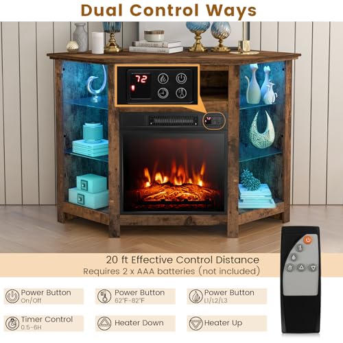 Fireplace Corner TV Stand, Entertainment Center for 50 Inch TV w/LED Lights Adjustable Shelves Overheat Protection Remote/APP Control, TV Console w/Built-in Electric Fireplace (Rustic Brown)