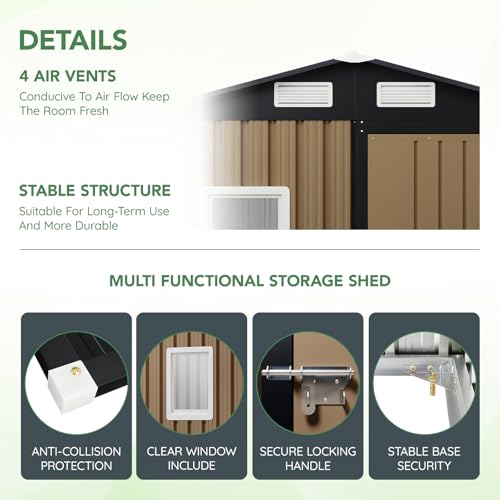 10X12X7.5 FT Outdoor Steel Storage Shed with Lockable Doors, 2 Windows, Transparent Roof Panels (Wood Panels & Frame Floor Not Included), Ideal for Patio Storage,Garbage Can, Chicken Coop，Brown
