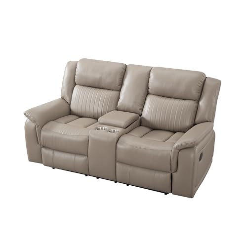 Sofa Chair, Reclining Sofa Couch with Pillow Top Armrest, 2 Built-in Aluminum Cup, Storage, Double Recliner RV Sofa & Console for Home Theater Living Room