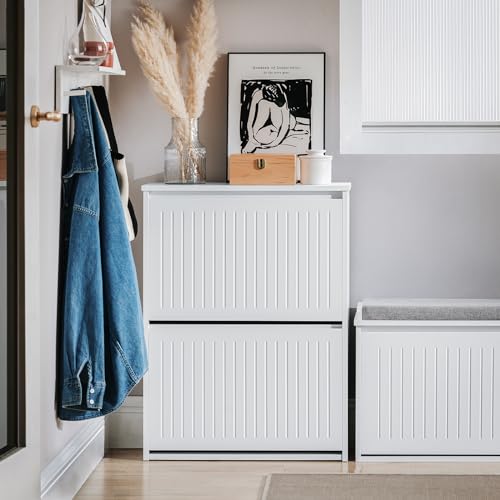Haotian Shoe Storage Cabinet with 2 Flip-Drawers, Freestanding Shoe Organizer for Entryway, Narrow Hallway Shoe Rack, White