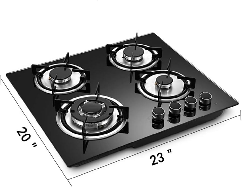 Gas Stove Cooktop 23x20 Inches Built in Gas Cooktop with 4 Burners, Portable Black Tempered Glass Stove Burner Cast Iron with NG/LPG Conversion Kit for RVs,Apartments,Outdoor,Black