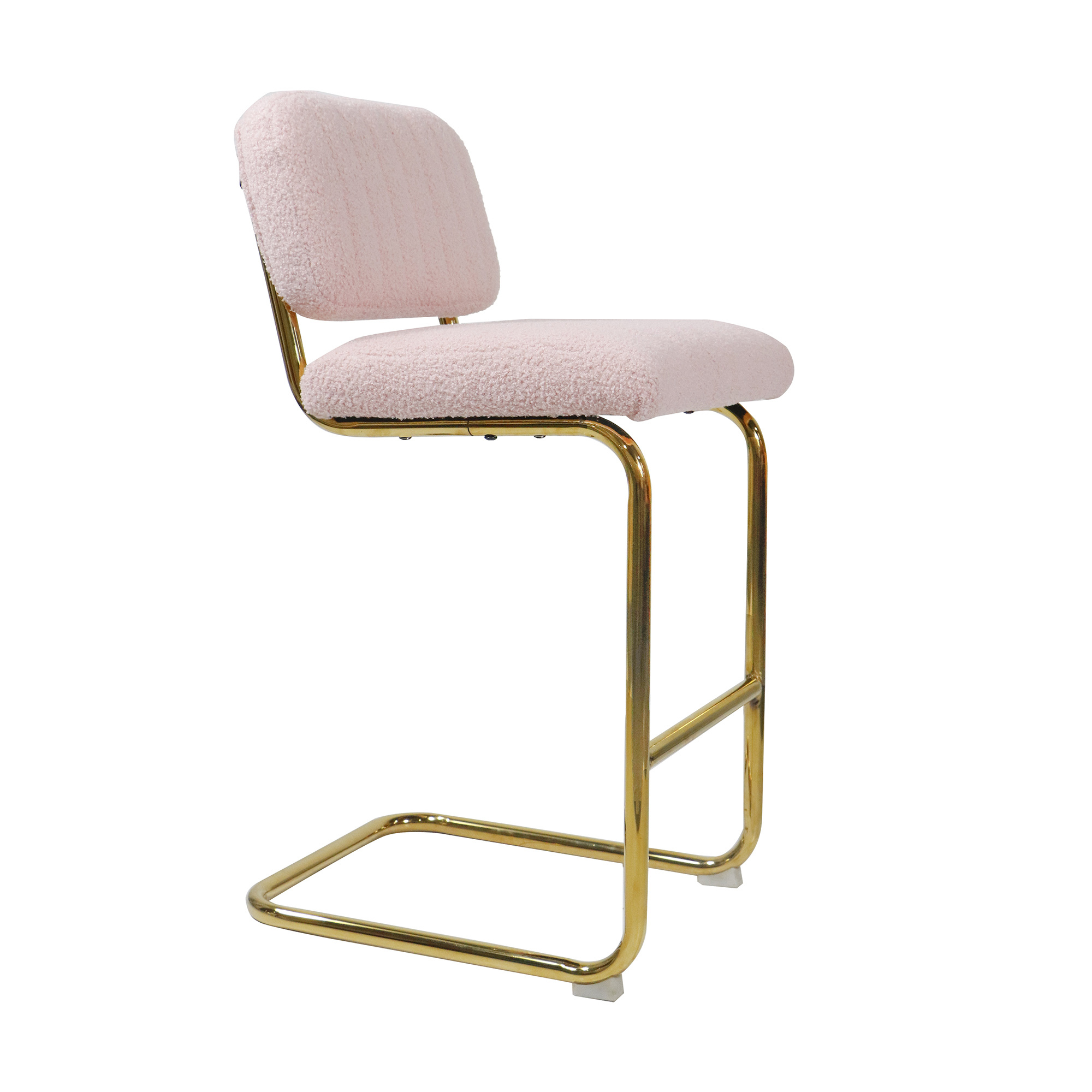 Mid-Century Modern Counter Height Bar Stools for Kitchen Set of 2, Armless Bar Chairs with Gold Metal Chrome Base for Dining Room, Upholstered Boucle Fabric Counter Stools, Pink