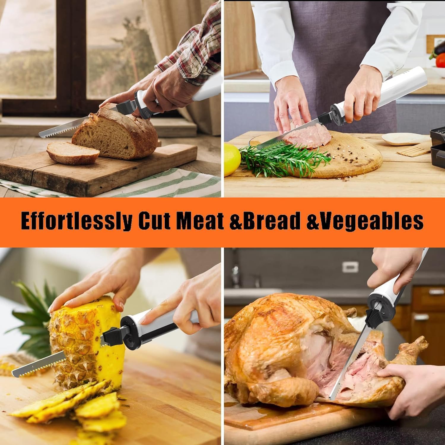 Cordless Electric Meat Carving Knife with 2 Serrated 8” Stainless Steel Blades - Effortlessly Slice and Carve Meats, Poultry, and Bread with Precision - Safety Lock Trigger Release - Ideal for