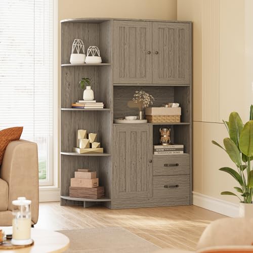 Gizoon 60.4" Farmhouse Kitchen Pantry Storage Cabinet with Doors and Adjustable Shelves, Large Kitchen Hutch with Drawers, Freestanding Cupboard for Dining Room, Living Room, Retro