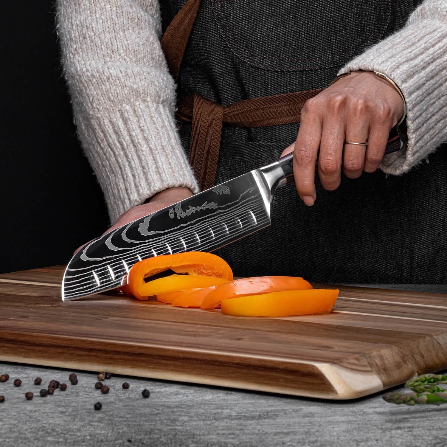 SENKEN 8-piece Premium Japanese Kitchen Knife Set with Laser Damascus Pattern - Imperial Collection - Ultra Sharp for Very Fast Cutting