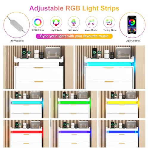 White Dresser with LED Lights, Wooden LED Dresser, 4 Drawer Chest with Charging Station, Tall Chest of Drawer Closet Organizer for Bedroom, Living Room, Entryway, Hallway