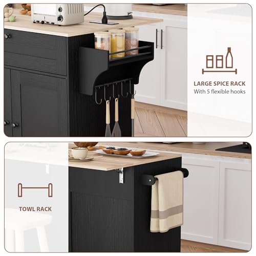 Rolling Kitchen Island on Wheels, Kitchen Islands Cart with Trash Can Storage Cabinet, Portable Island Table with Power Outlet, Drop Leaf, Spice Rack, and Drawers, Black