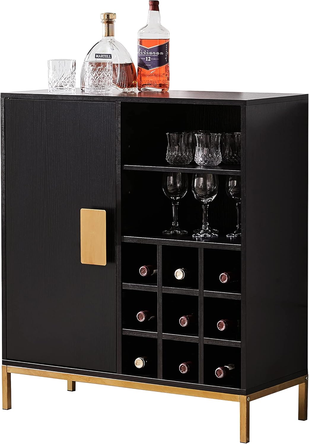 KB Designs – Black/Gold Wood Buffet Bar Liquor Cabinet with Wine Rack Storage and Glass Holder