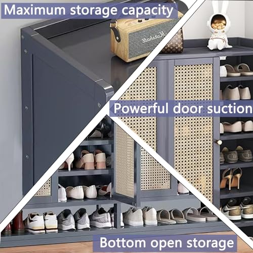 8 Tier Bamboo Shoe Cabinet Storage for Entryway, 40 Pairs Shoe Rack for Closet, Rattan Storage Cabinet with Doors for Hallway Living Room, Grey
