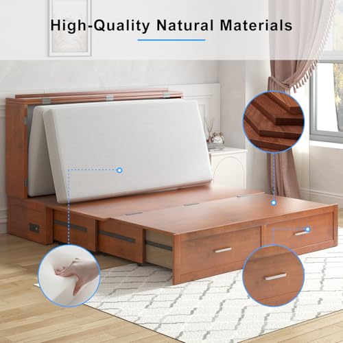 PUREMIND Queen Murphy Bed Cabinet with 2 Storage Drawers, Hideaway Murphy Chest Bed with Mattress, Cabinet Beds Wallbed with USB Charging Station for Bedroom, Guest Room