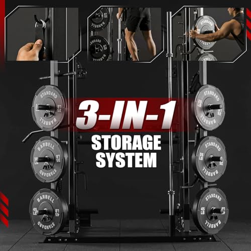 Mikolo Smith Machine, Multi-Function Power Cage with Dual Pulley System, Vertical Leg Press Attachment, Squat Rack Power Rack with More Training Attachment for Home Gym