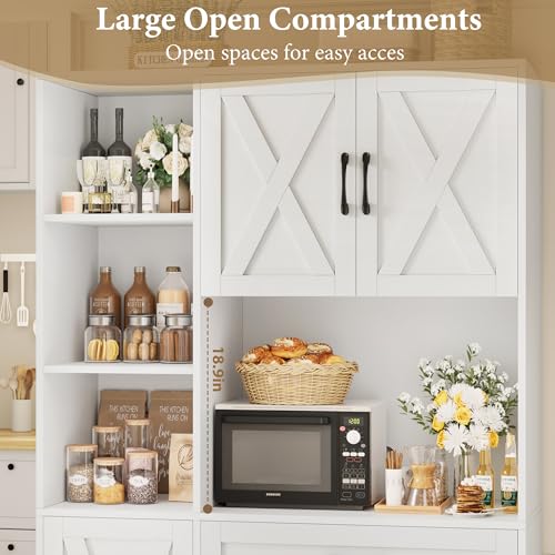 HOSTACK 71" Tall Kitchen Pantry Storage Cabinet, Farmhouse Food Pantry Cabinet with Microwave Stand, Barn Doors Kitchen Hutch with Large Drawer and Shelves for Dining Room, Ash Grey