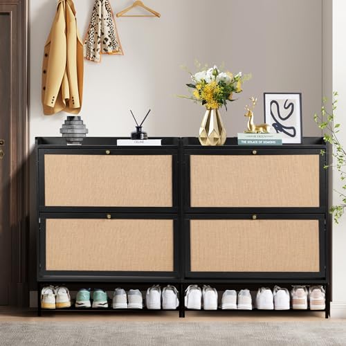 LEVNARY Shoe Cabinet Set of 2, Wooden Narrow Shoe Racks Cabinet Storage with 2 Flip Drawers, Hidden Freestanding Shoe Organizer for Hallway, Entryway, Home (2, Walnut)
