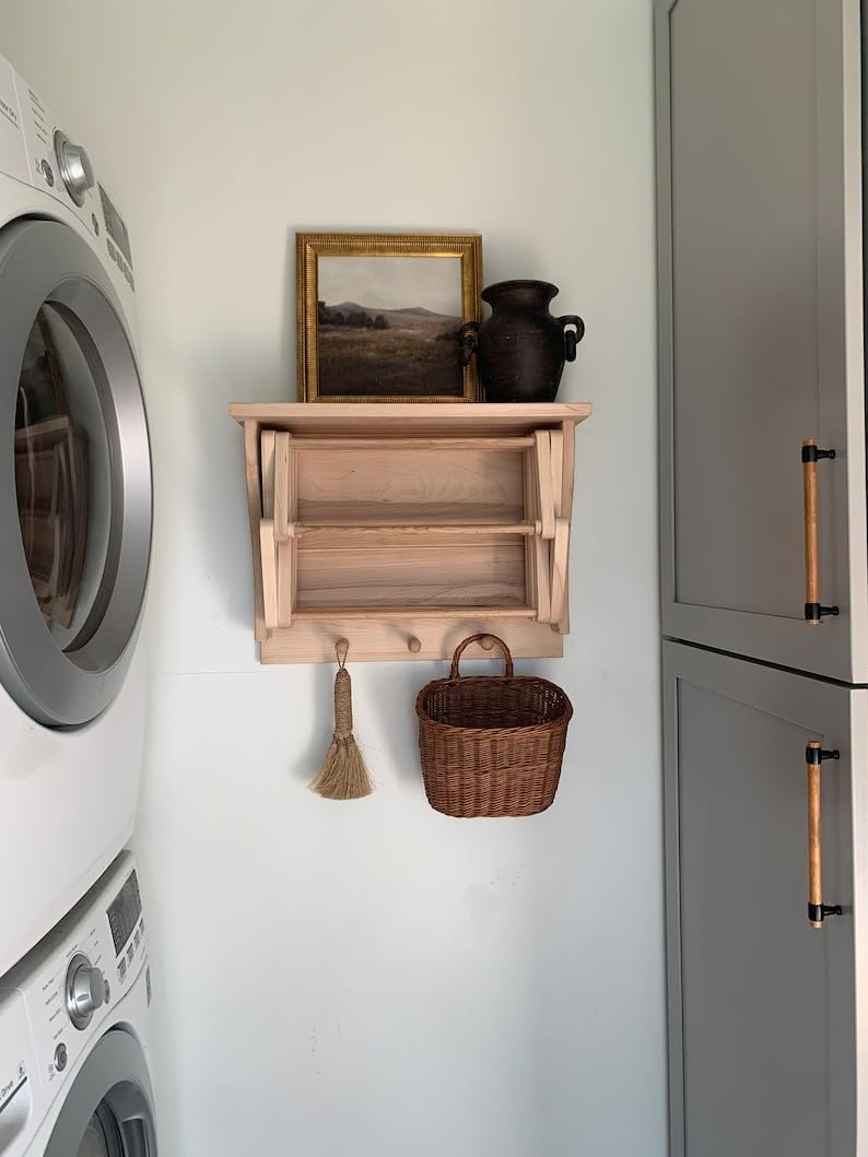Handmade Wooden Shelf Wall Mounted Clothing Drying Rack COLLAPSABLE with Peg Hooks 21” x 16”