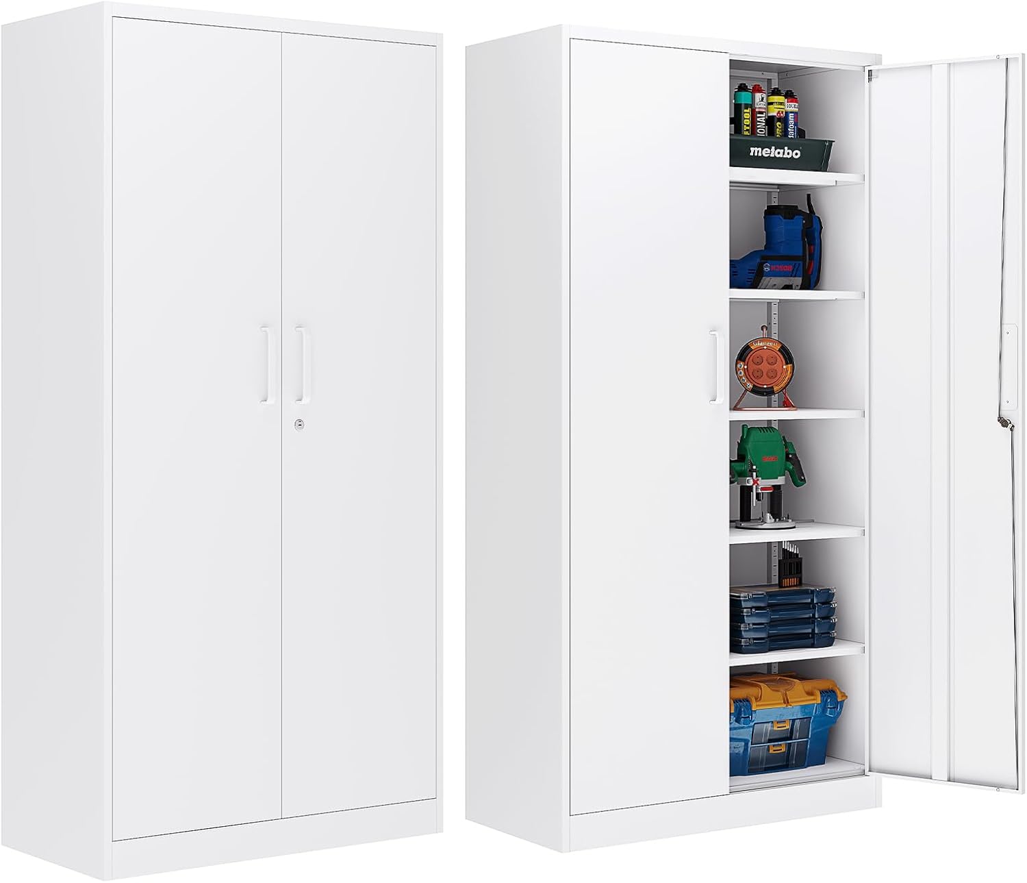 Metal Storage Cabinet with Lock，71'' Garage Storage Cabinet with 5 Adjustable Shelves, Tall Tool Cabinets for Garage, Home, Office, Gym, School，White